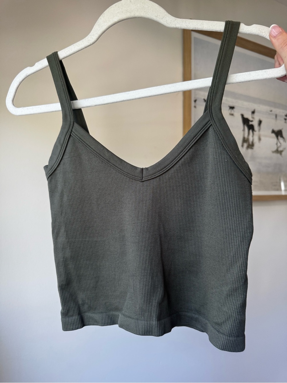 Pookie & Sebastian Ribbed V-Neck Tank Top in Olive Green
